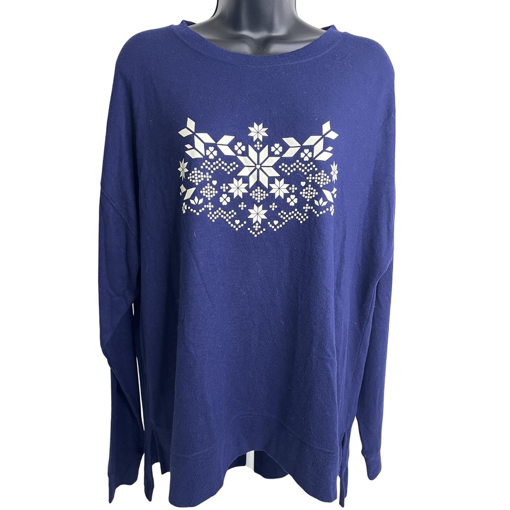 BP Sweater Womens Large Navy Blue Snowflake Print Pullover Long Sleeve Cozy Top